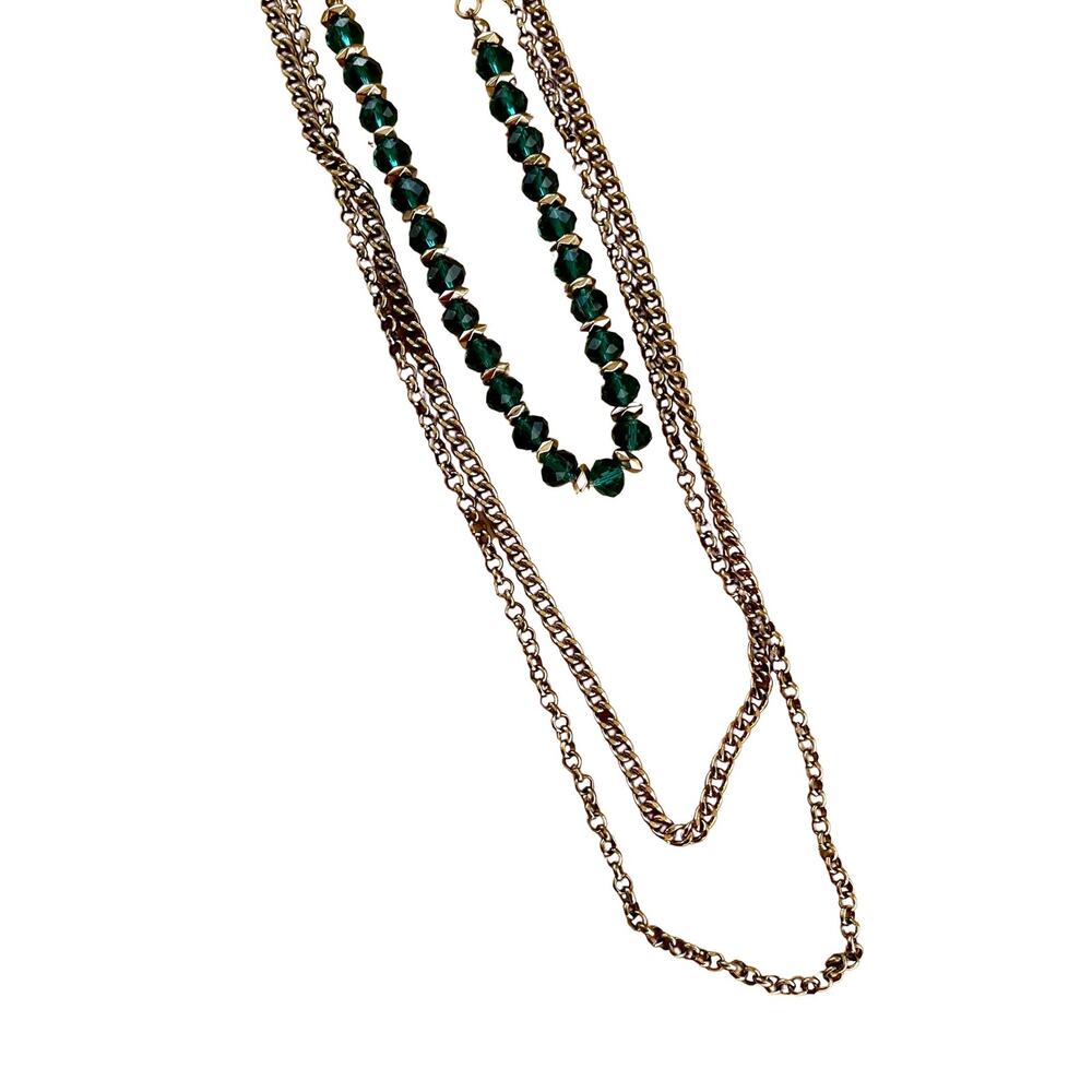Vintage Three Strand Gold Chain and Green Glass Bead Necklace